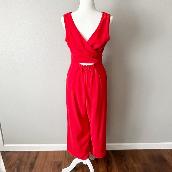 J. Crew Tie-Waist Bright Red Crepe Sleeveless V Neck Jumpsuit Women’s Size 8 - Picture 7 of 13